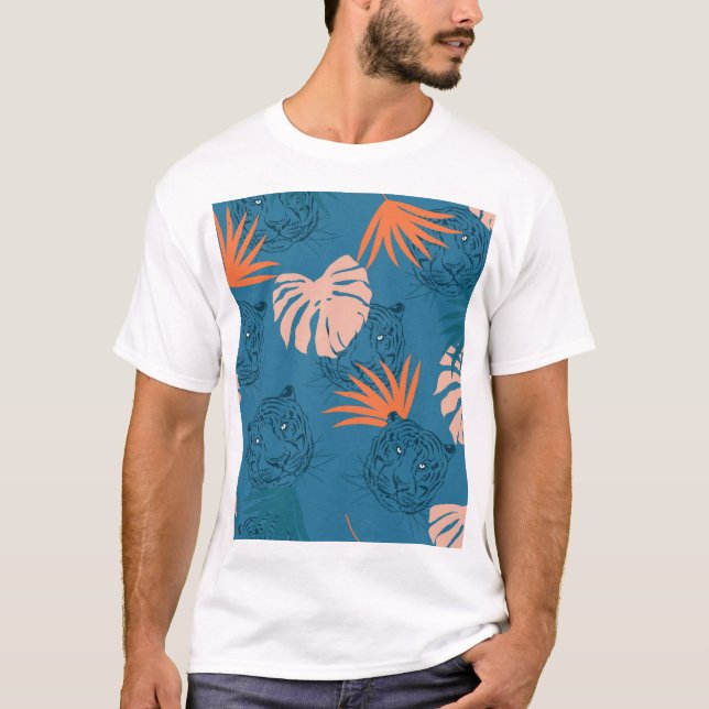 Tropical Tiger Leaves Deep Blue T-Shirt (Front)