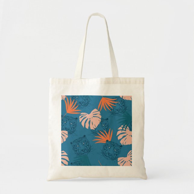 Tropical Tiger Leaves Deep Blue Tote Bag (Front)