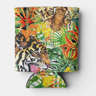 Tropical Tiger Watercolor Jungle Pattern Can Cooler