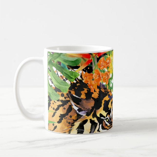 Tropical Tiger Watercolor Jungle Pattern Coffee Mug (Left)