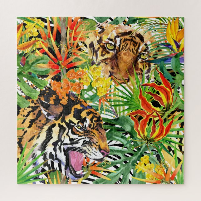 Tropical Tiger Watercolor Jungle Pattern Jigsaw Puzzle (Vertical)
