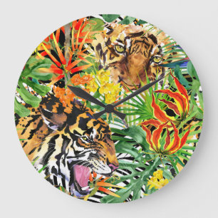 Tropical Tiger Watercolor Jungle Pattern Large Clock