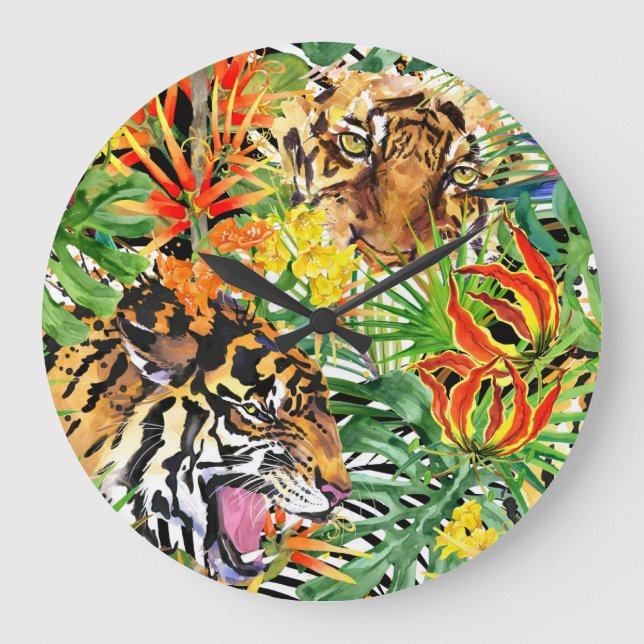 Tropical Tiger Watercolor Jungle Pattern Large Clock (Front)