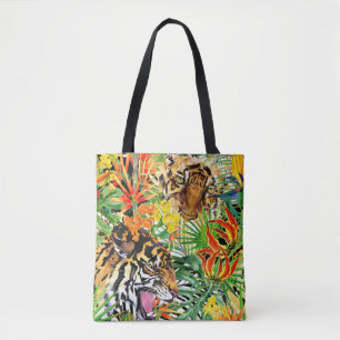 Tropical Tiger Watercolor Jungle Pattern Tote Bag