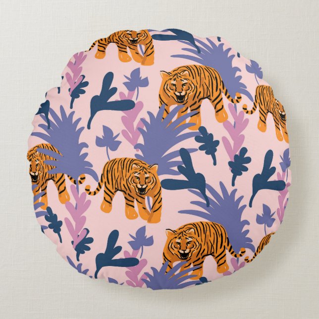Tropical Tigers Jungle Vintage Pattern Round Pillow (Front)