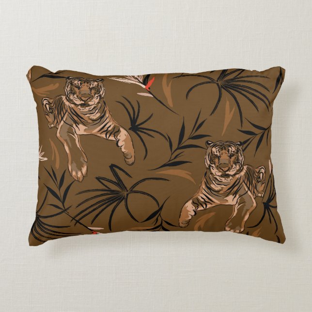 Tropical Tigers Paradise Flower Pattern Accent Pillow (Front)