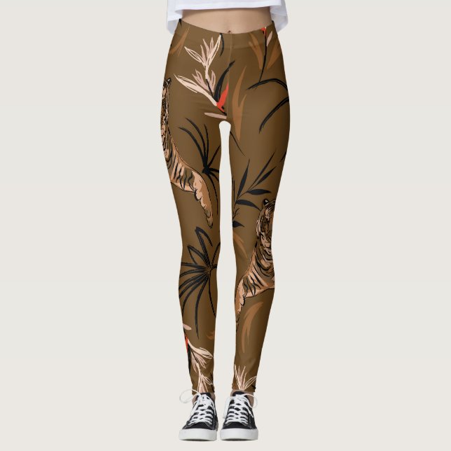 Tropical Tigers Paradise Flower Pattern Leggings (Front)