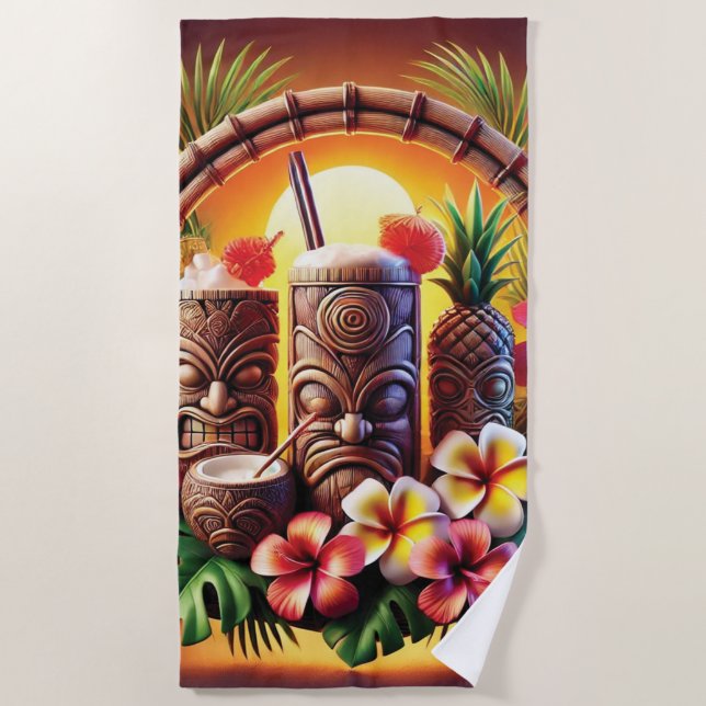 Tropical Tiki Sunset Beach Towel (Front)