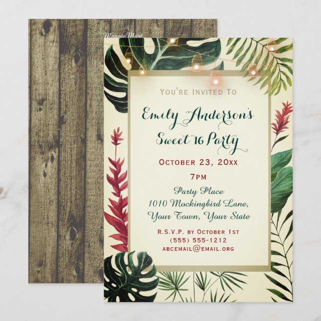 Tropical Tiki with Lights Sweet 16 Birthday Invitation (Front/Back)