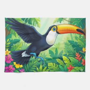 Tropical Toco Toucan in Flight over Jungle Flowers Kitchen Towel