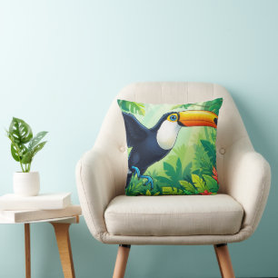 Tropical Toco Toucan in Flight over Jungle Flowers Throw Pillow