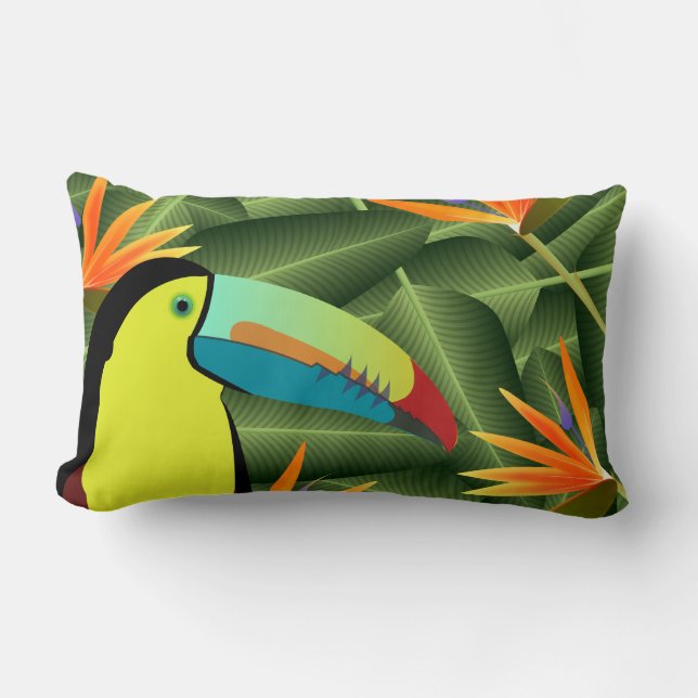 Tropical Toucan and Birds of Paradise Lumbar Pillow (Front)