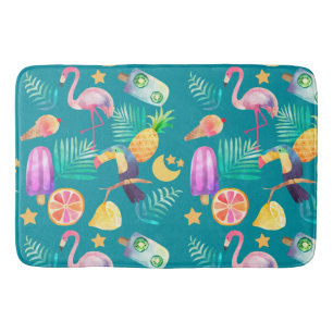 Tropical Toucan Bird Pink Flamingo  Bath Mat