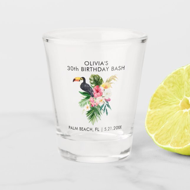 Tropical Toucan Birthday Party Favour Personalized Shot Glass (Front)