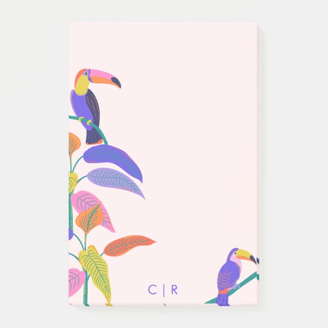 Tropical Toucan Bright Neon Monogram Blush Pink Post-it Notes (Front)