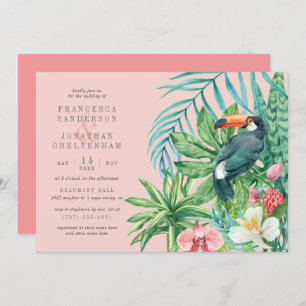 Tropical Toucan & Flowers Blush Pink Wedding Invitation