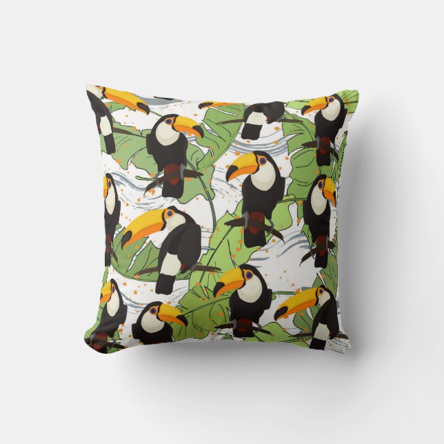 Tropical Toucan, green palms, vintage pattern. Throw Pillow (Front)