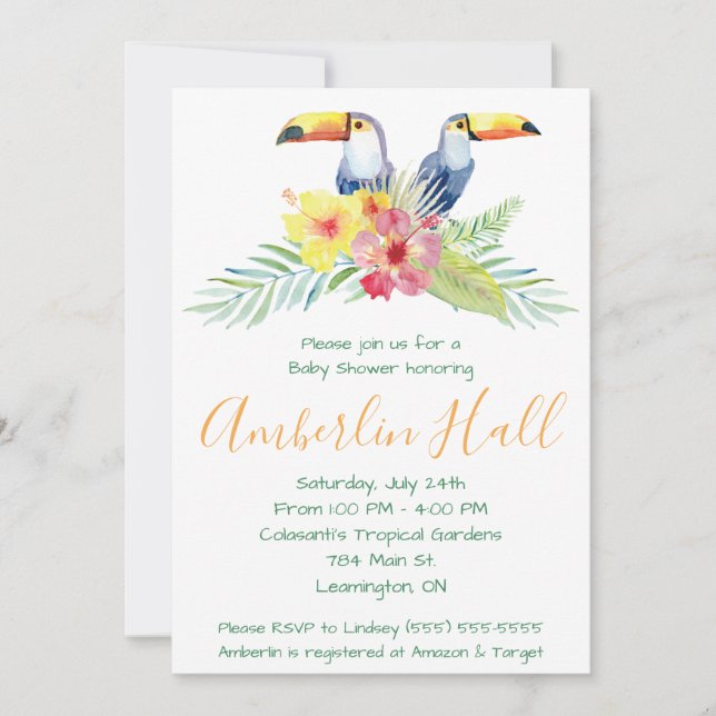 Tropical toucan, hibiscus themed baby shower  invitation (Front)