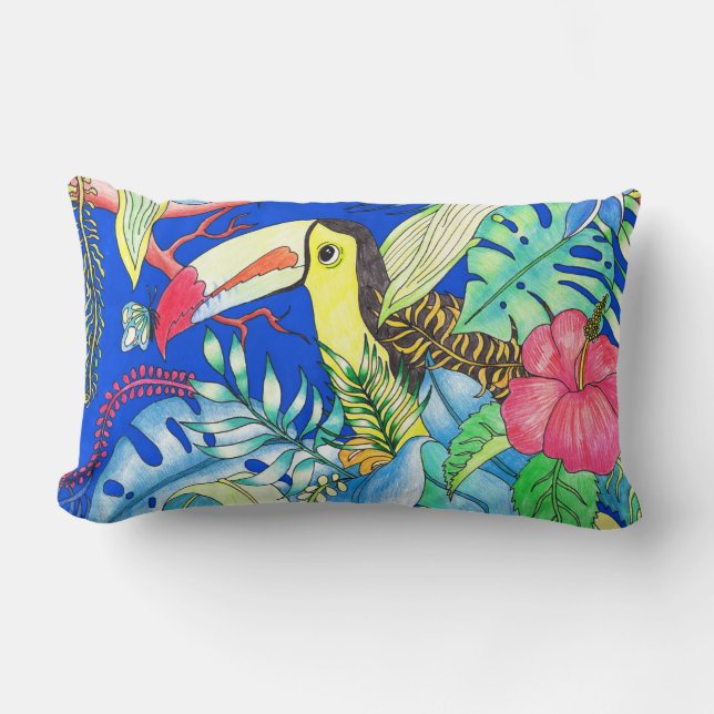 Tropical Toucan & Jungle Foliage Illustration Lumbar Pillow (Front)