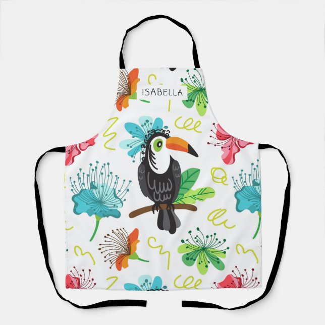 Tropical Toucan Modern Floral Personalized Name Apron (Front)
