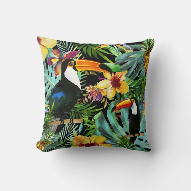 Tropical Toucan Paradise Palm Pineapple Modern Throw Pillow (Front)