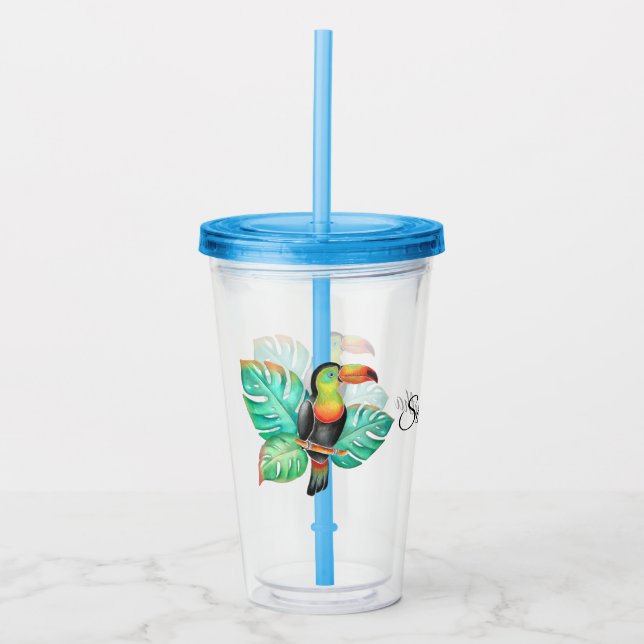 Tropical Toucan Parrot Personalized Acrylic Tumbler (Front)