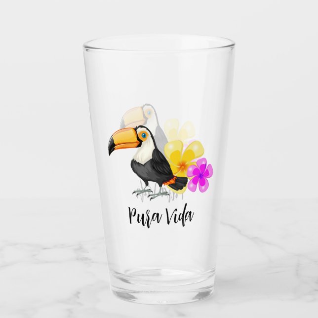 Tropical Toucan Pura Vida Drinking Glass Tumbler (Front)