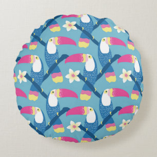 Tropical toucan: vibrant floral pattern. round pillow