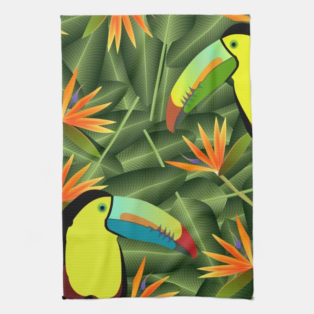 Tropical Toucans & Birds of Paradise Kitchen Towel (Vertical)