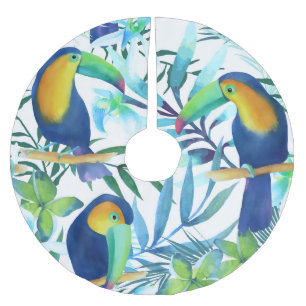Tropical Toucans: Exotic Flower Pattern. Brushed Polyester Tree Skirt