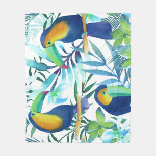 Tropical Toucans: Exotic Flower Pattern. Fleece Blanket