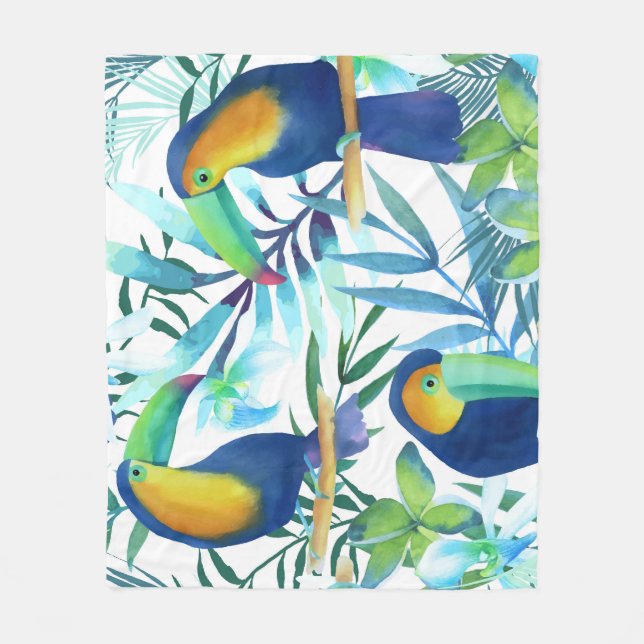 Tropical Toucans: Exotic Flower Pattern. Fleece Blanket (Front)