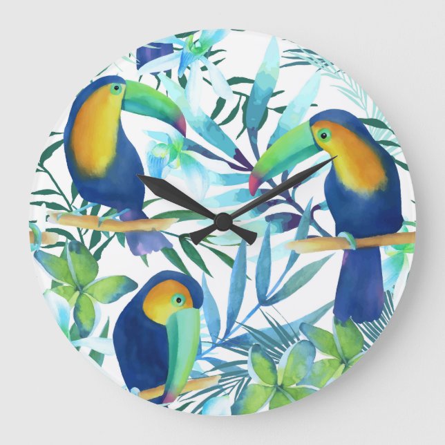 Tropical Toucans: Exotic Flower Pattern. Large Clock (Front)