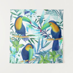 Tropical Toucans: Exotic Flower Pattern. Tapestry
