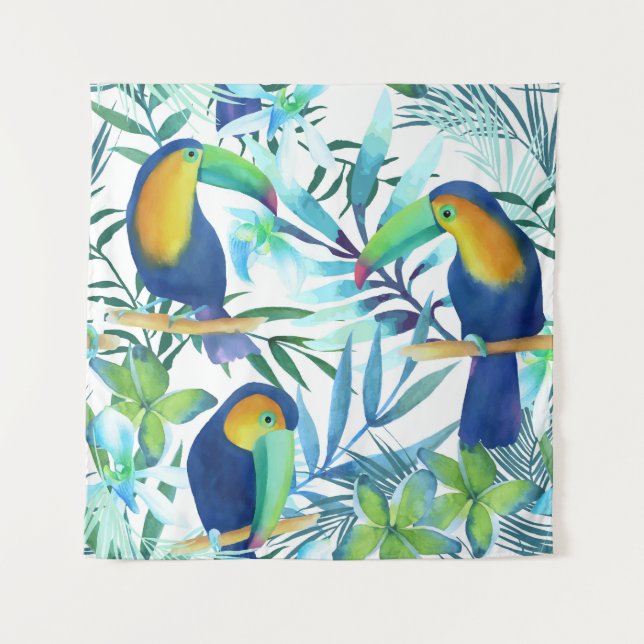 Tropical Toucans: Exotic Flower Pattern. Tapestry (Front)