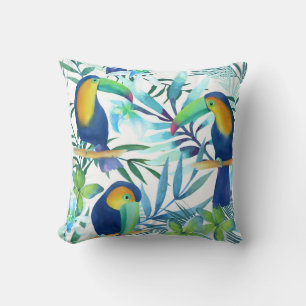 Tropical Toucans: Exotic Flower Pattern. Throw Pillow