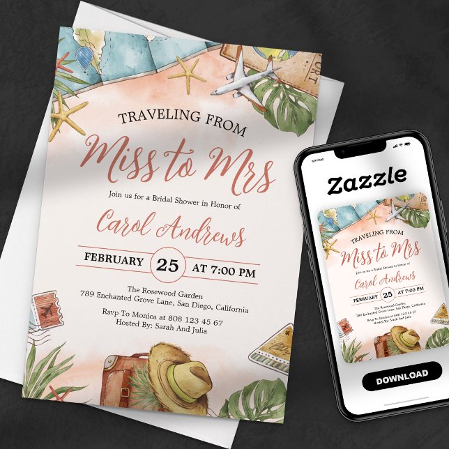 Tropical Travelling from Miss to Mrs Bridal Shower Invitation (Creator Uploaded)