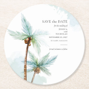 Tropical Trees Watercolor Wedding Save the Date Round Paper Coaster