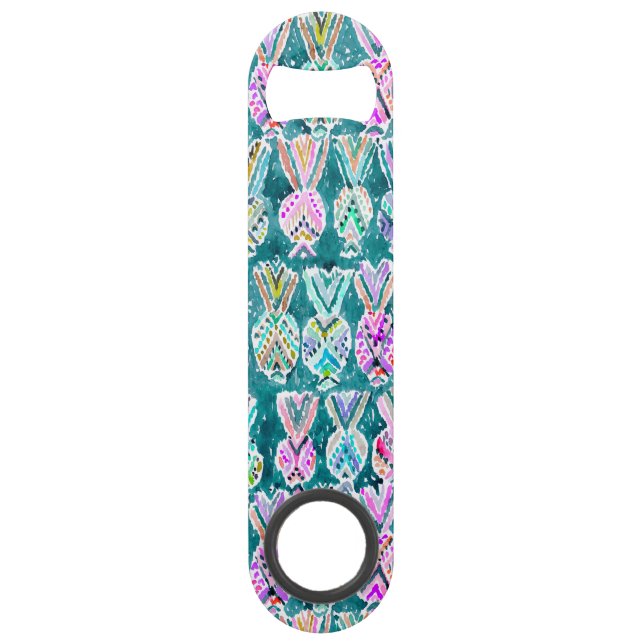 Tropical Tribal Watercolor Pineapple Pattern Bar Key (Front)