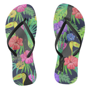 Tropical Tucan and Leaves Rainforest Flip Flops