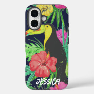Tropical Tucan and Leaves Rainforest Personalised iPhone 16 Case