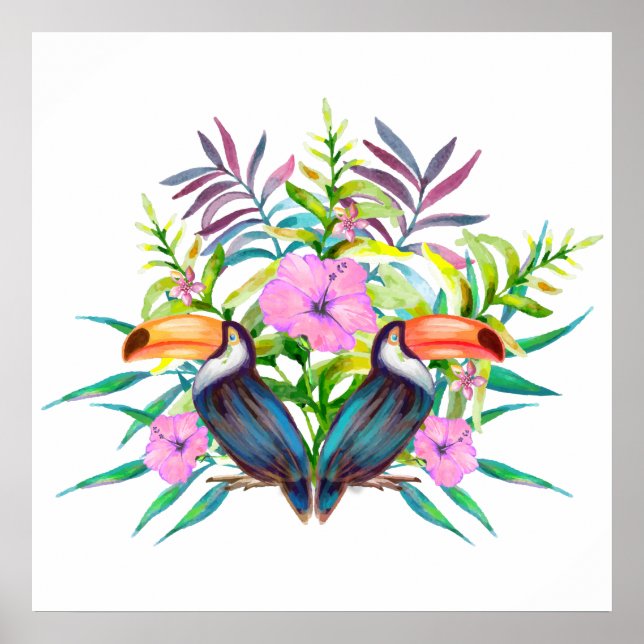 Tropical tucan birds and pink flowers poster (Front)