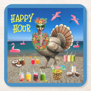 Tropical Turkey Happy Hour Thanksgiving Square Paper Coaster
