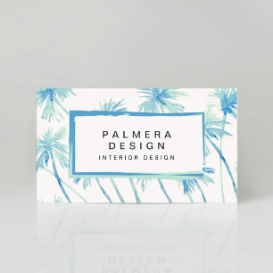 Tropical Turquoise Blue Watercolor Palm Trees  Business Card