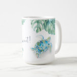 Tropical Turquoise Blue Watercolor Sea Turtle Mug<br><div class="desc">Bring island vibes to your daily routine with this beach theme latte mug featuring original watercolor art of a sea turtle and monstera palm leaf in lush shades of turquoise blue, green, and white. The phrase "Seas the Moment" is styled in elegant hand-lettered script, and can be customized to say...</div>