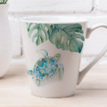 Tropical Turquoise Blue Watercolor Sea Turtle Mug<br><div class="desc">Add tropical island style to your home with my witty latte mug featuring my original hand painted watercolor sea turtle and monstera palm leaves in shades of blue, green and white. The words Seas The Moment are set in hand lettered script typography in navy blue. Personalize the words to Seas...</div>