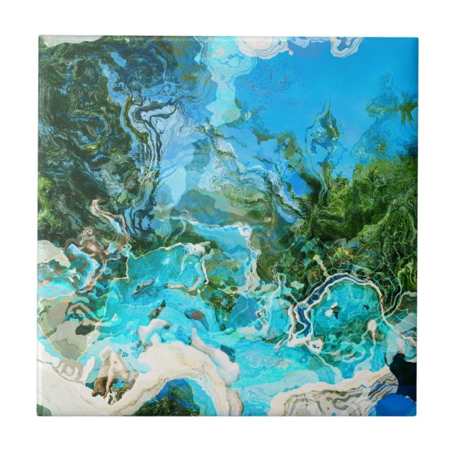 Tropical Turquoise Ocean Blue & Seaweed Green Tile (Front)
