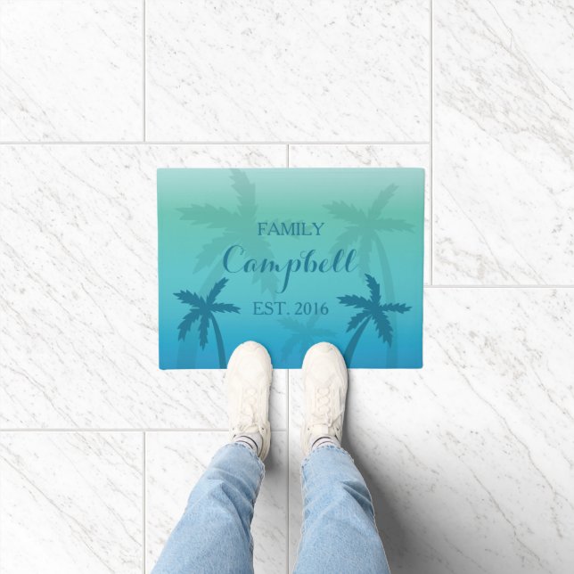 Tropical Turquoise Palm Trees With Family Name Doormat (Indoor)