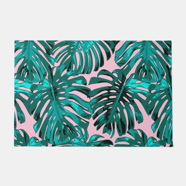 Tropical Turquoise Pink Jungle Leaves Doormat (Front)