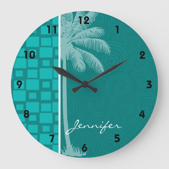 Tropical Turquoise Squares Large Clock (Front)